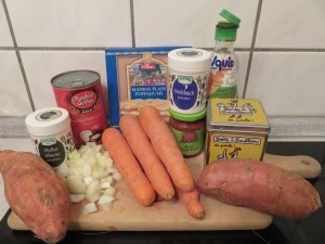 Ingrédients_Soupe thaï aux carottes, patate douce et papadums